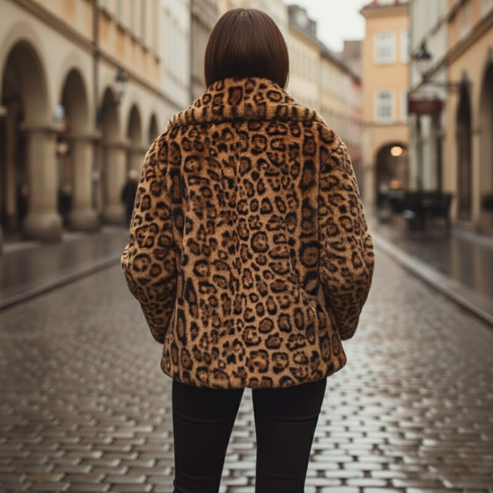 Leopard print faux fur jacket with wide collar, hip length, and long sleeves, good for stylish warmth in fall and winter.