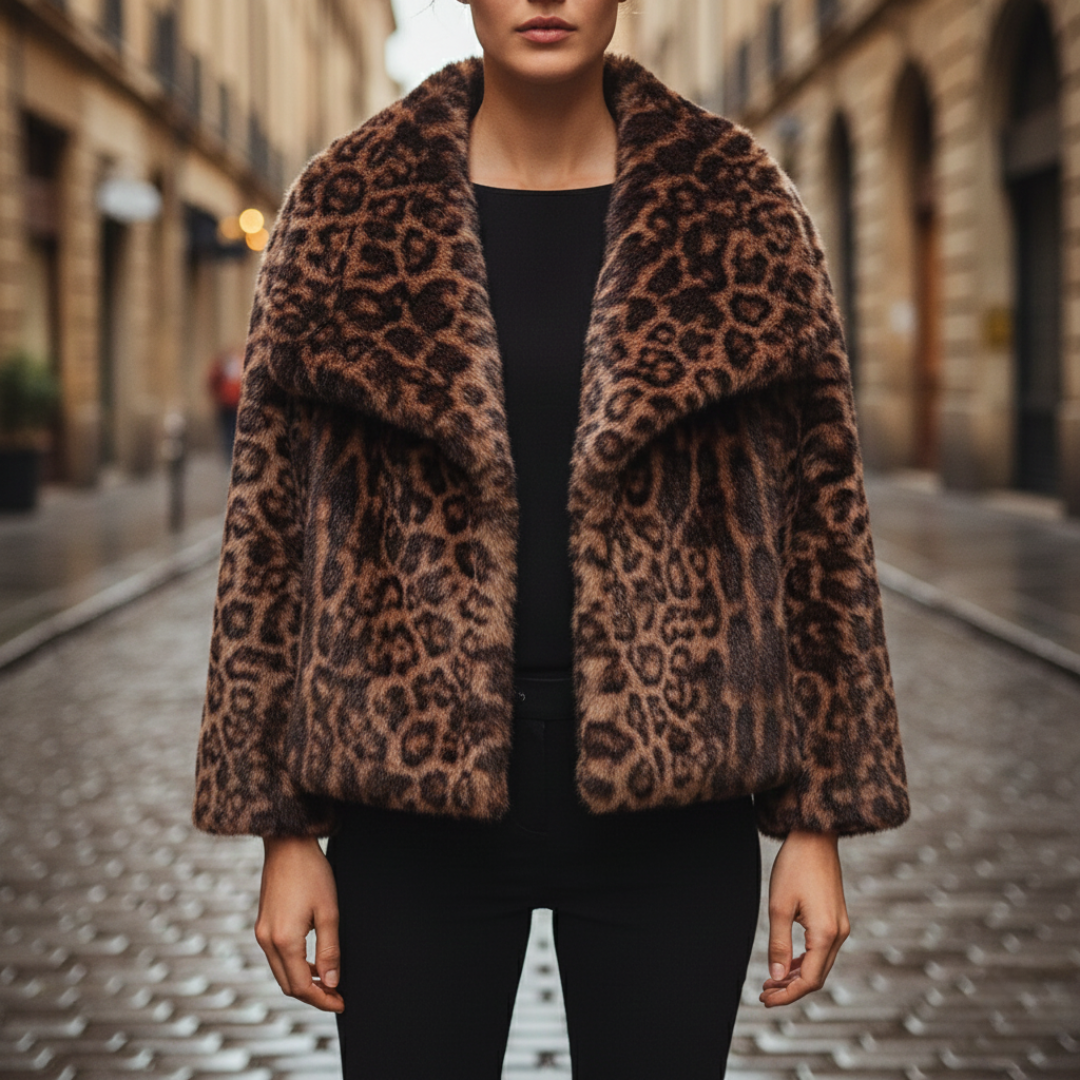 Leopard print faux fur jacket with wide collar, hip length, and long sleeves, good for stylish warmth in fall and winter.
