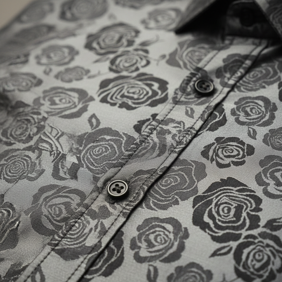 A man wearing a black and silver paisley shirt, showcasing a sophisticated and polished style for evening events.

