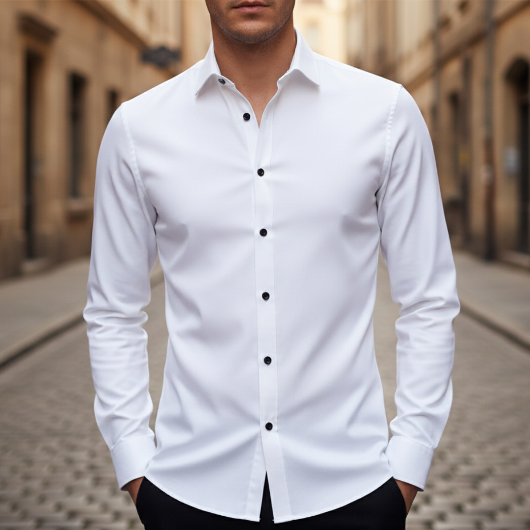 Men's white dress shirt with a structured collar, long sleeves, and a polished fit, good for formal and evening wear.
