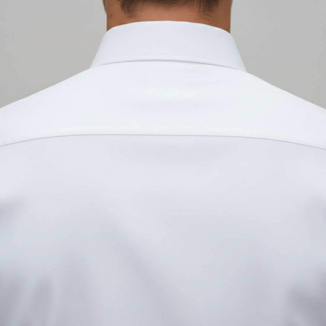 Men's white shirt with a structured collar, long sleeves, and a polished fit, good for formal and evening wear.