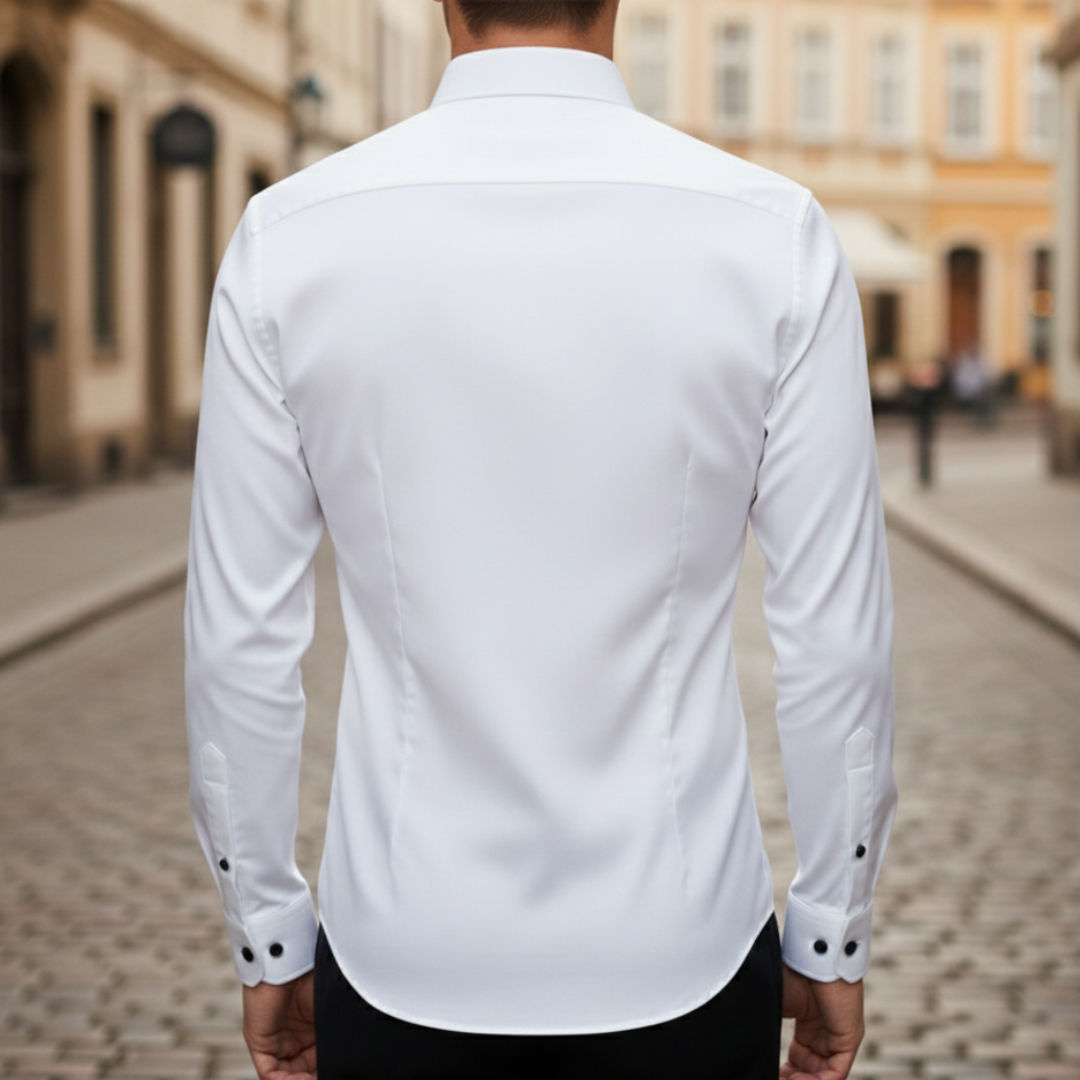 Men's white shirt with a structured collar, long sleeves, and a polished fit, good for formal and evening wear.