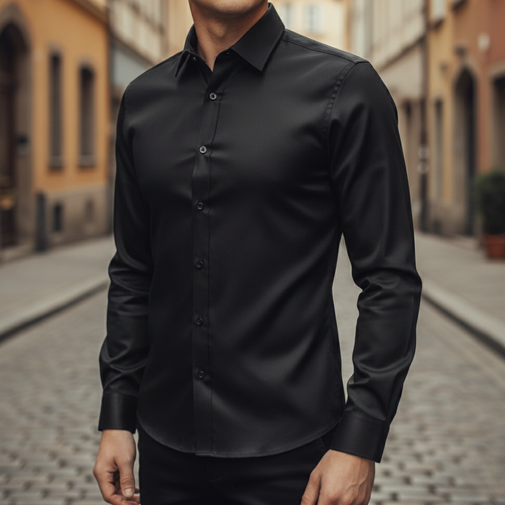 Men's black shirt with a structured collar, long sleeves, and a polished fit, good for formal and evening wear.