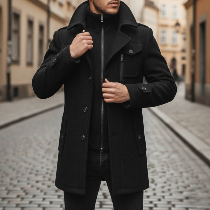 Men's black mid-length wool coat featuring a hood, turn-down collar, and long sleeves, good for urban style in cooler seasons.