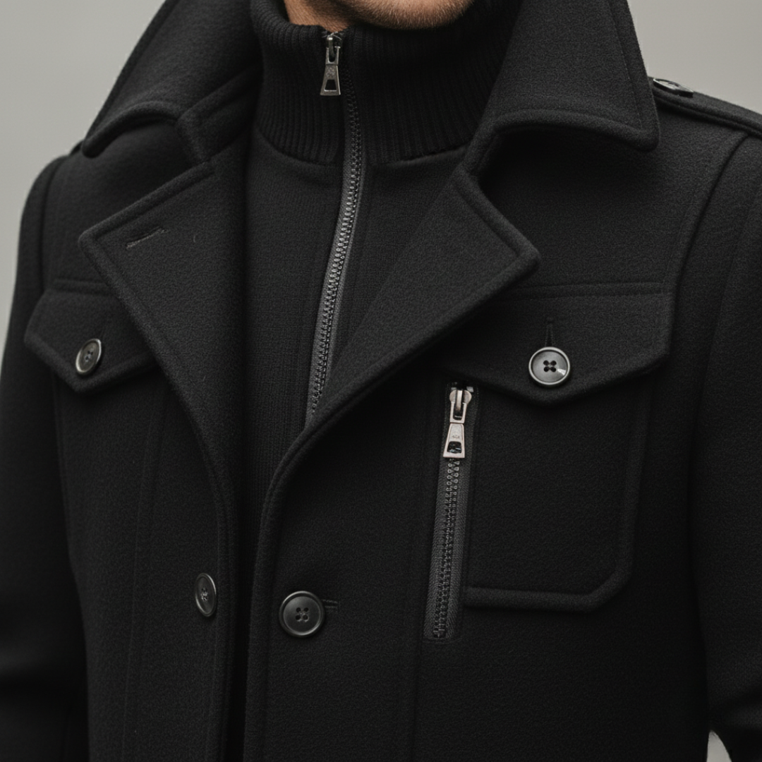Close-up look of a black mid-length wool coat featuring a hood, turn-down collar, and long sleeves.