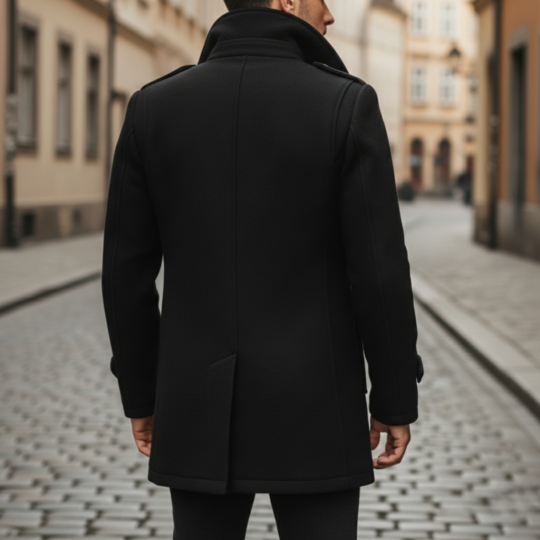 Back details of a black mid-length wool coat featuring a hood, turn-down collar, and long sleeves, good for urban style in cooler seasons.