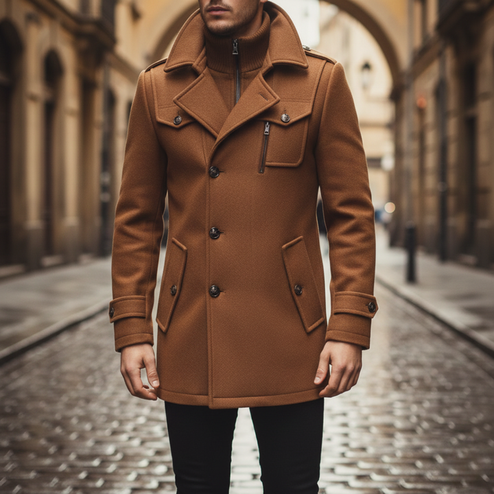 Men's brown mid-length wool coat featuring a hood, turn-down collar, and long sleeves, good for urban style in cooler seasons.