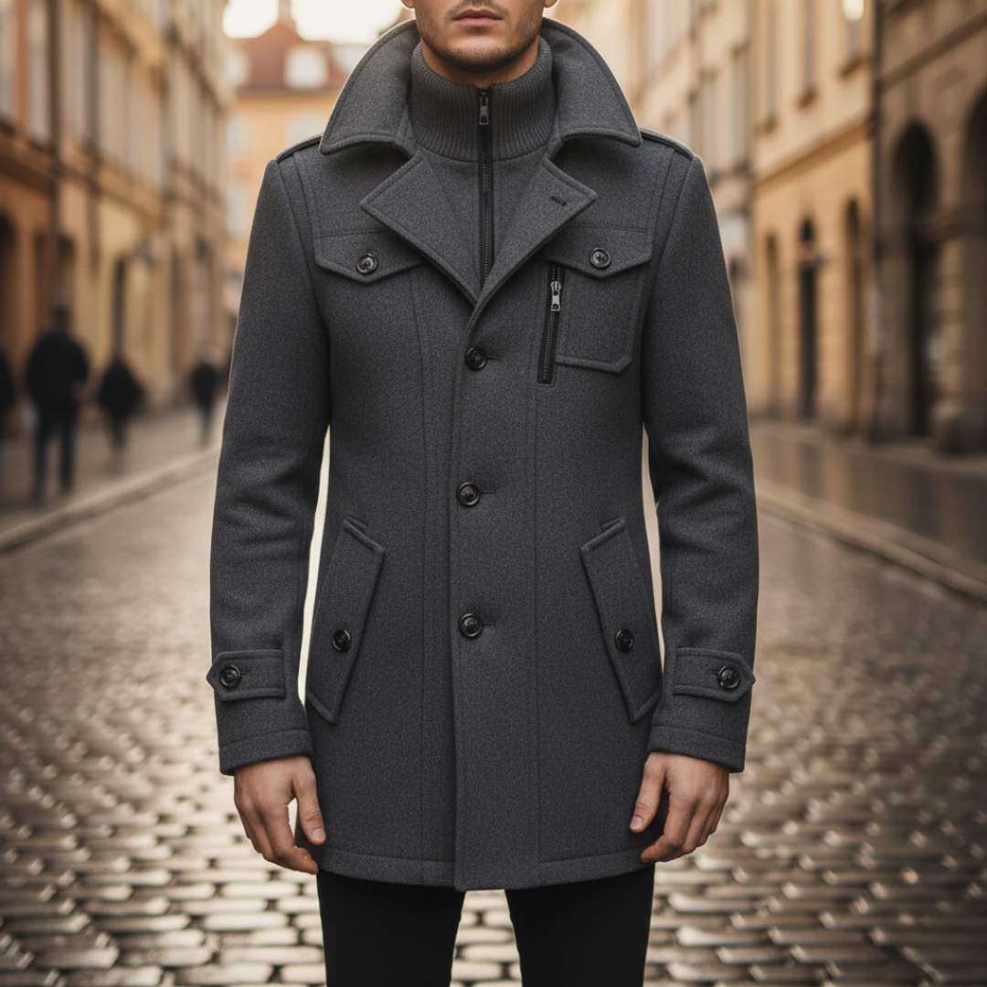 Men's grey mid-length wool coat featuring a hood, turn-down collar, and long sleeves, good for urban style in cooler seasons.