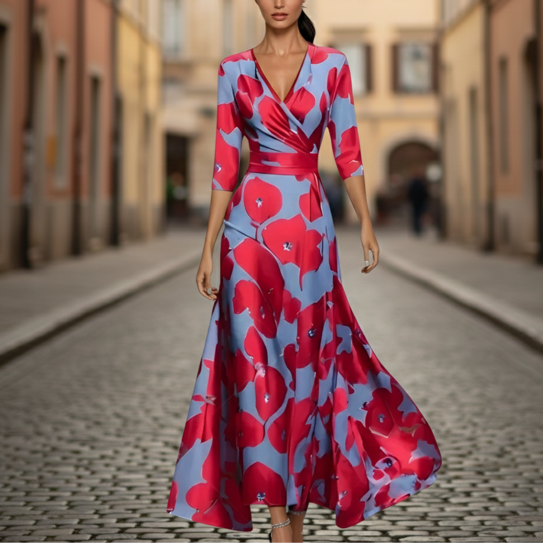 A woman wearing a maxi dress with a red and blue floral design, showcasing a wrap bodice and three-quarter sleeves.