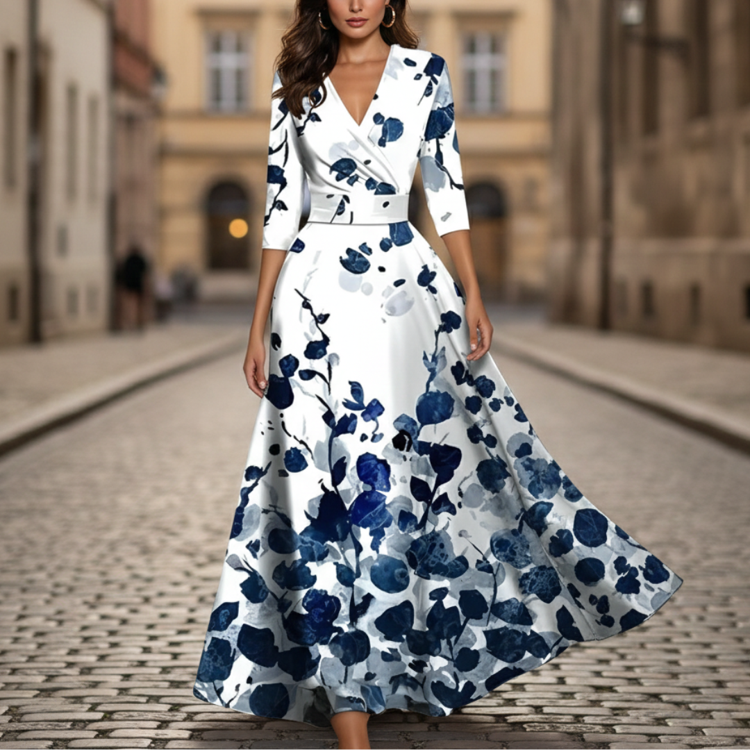 A woman wearing a maxi dress with a red and blue floral design, showcasing a wrap bodice and three-quarter sleeves.