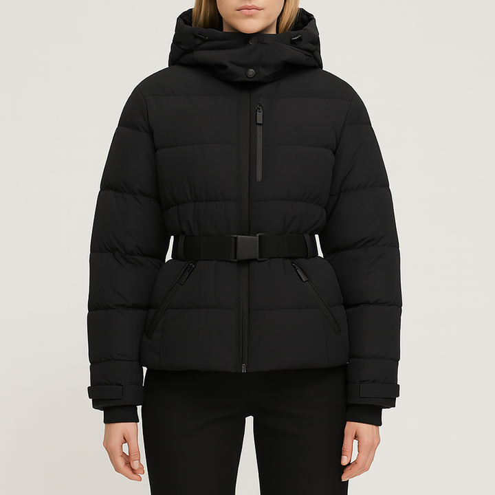 Belted puffer jacket with detachable hood and front zipper pockets