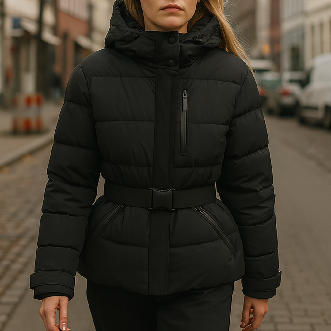 Belted puffer jacket with detachable hood and front zipper pockets