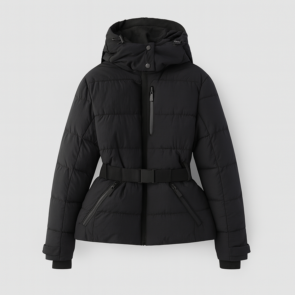 Belted puffer jacket with detachable hood and front zipper pockets