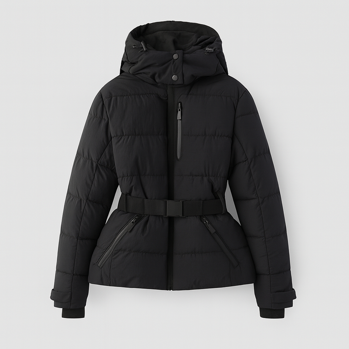 Belted puffer jacket with detachable hood and front zipper pockets