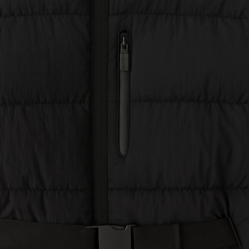 Belted puffer jacket with detachable hood and front zipper pockets