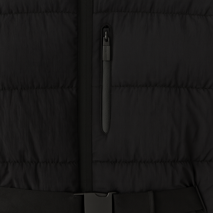 Belted puffer jacket with detachable hood and front zipper pockets