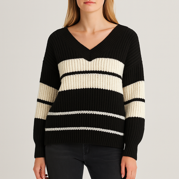 V-neck ribbed jumper with wide horizontal stripe detailing, long sleeves, and a ribbed hem.