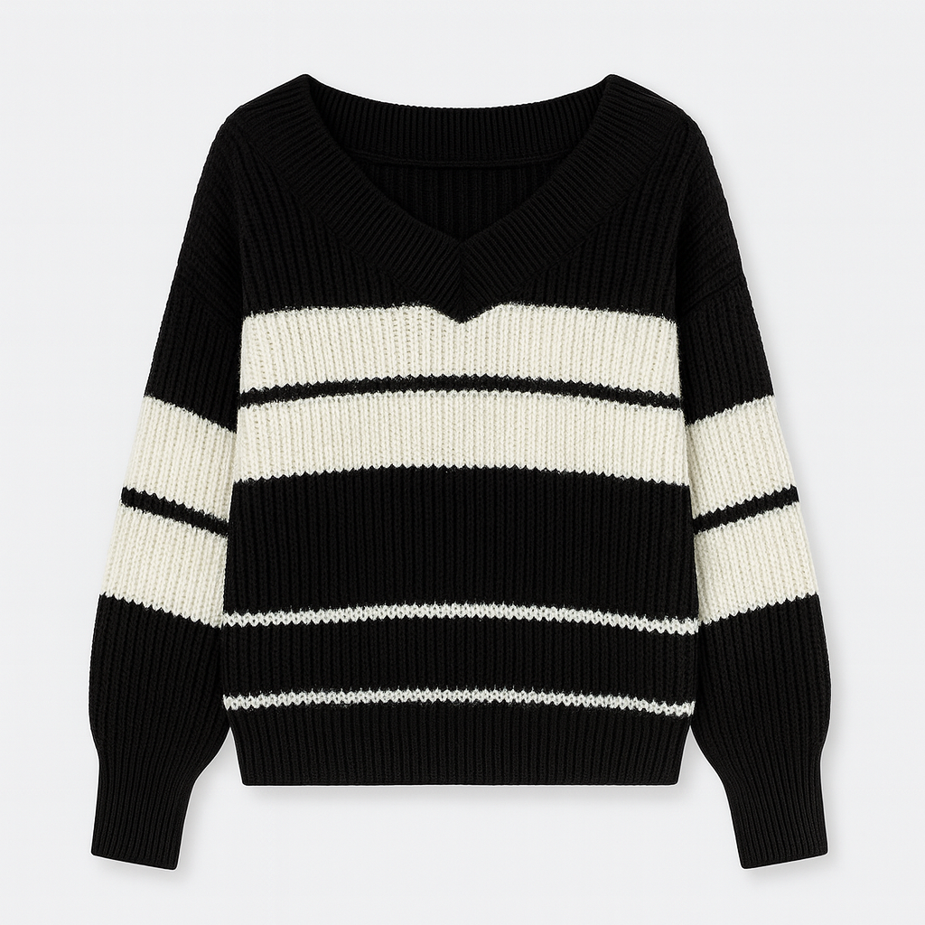 V-neck ribbed jumper with wide horizontal stripe detailing, long sleeves, and a ribbed hem.