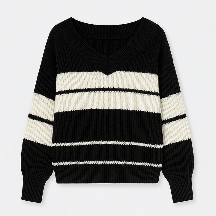 V-neck ribbed jumper with wide horizontal stripe detailing, long sleeves, and a ribbed hem.