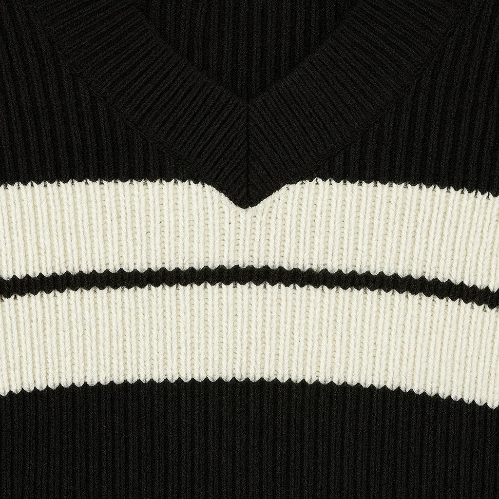 V-neck ribbed jumper with wide horizontal stripe detailing, long sleeves, and a ribbed hem.