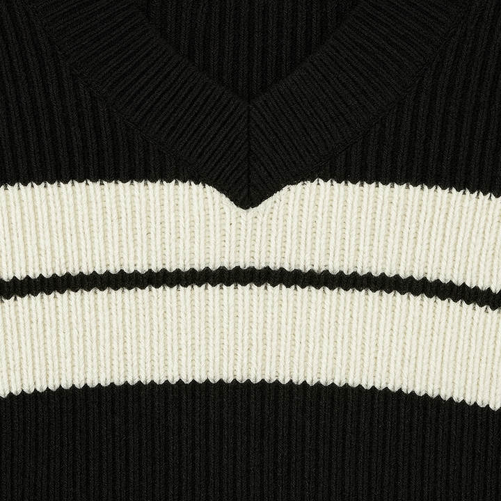 V-neck ribbed jumper with wide horizontal stripe detailing, long sleeves, and a ribbed hem.
