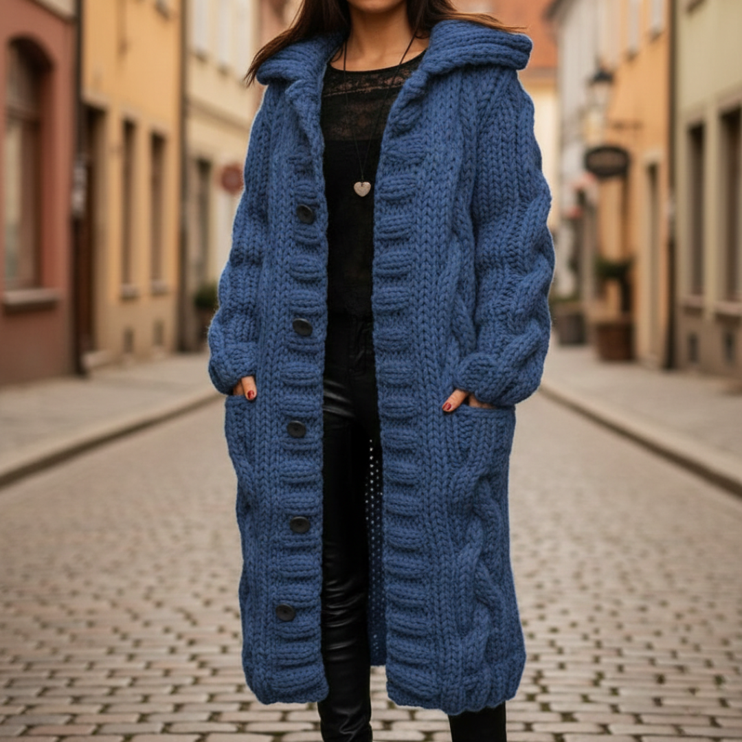 Long sleeve women's cardigan with a hood, featuring chunky knit and button front, designed for warmth in fall and winter.