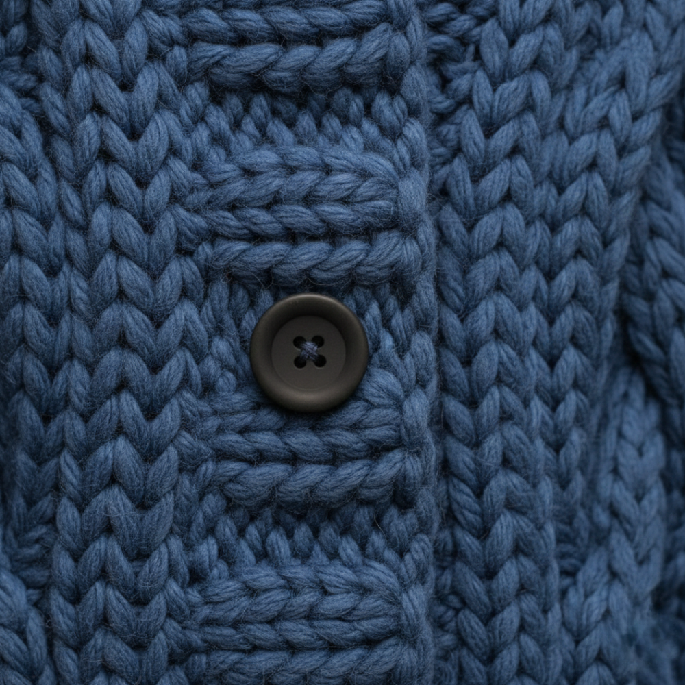 Close up details of the long sleeve women's cardigan with a hood, featuring chunky knit and button front, designed for warmth in fall and winter.