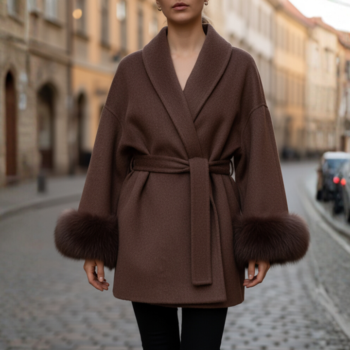 A woman wearing a brown belted coat, showcasing autumn elegance and style.