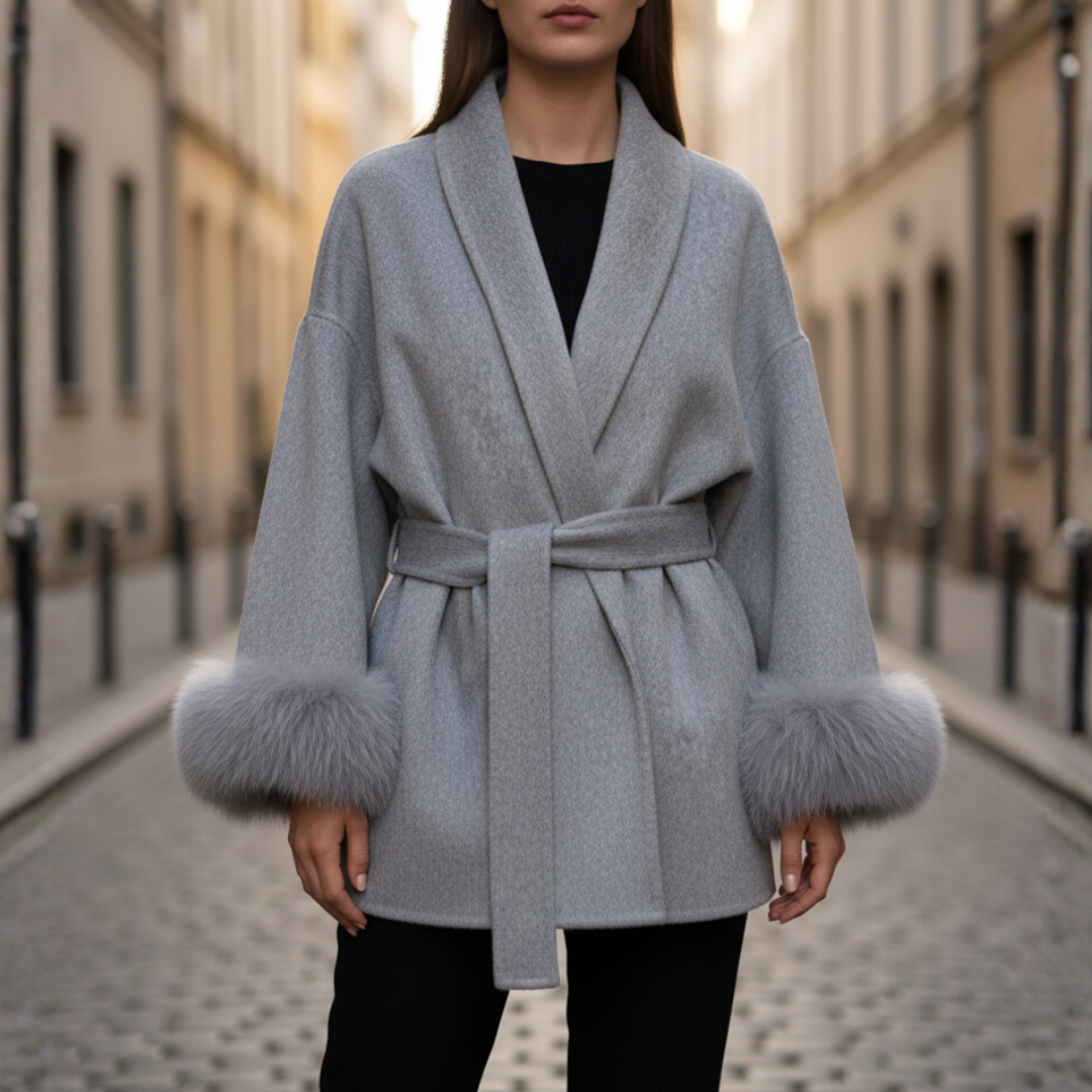 A woman wearing a grey belted coat, showcasing autumn elegance and style.