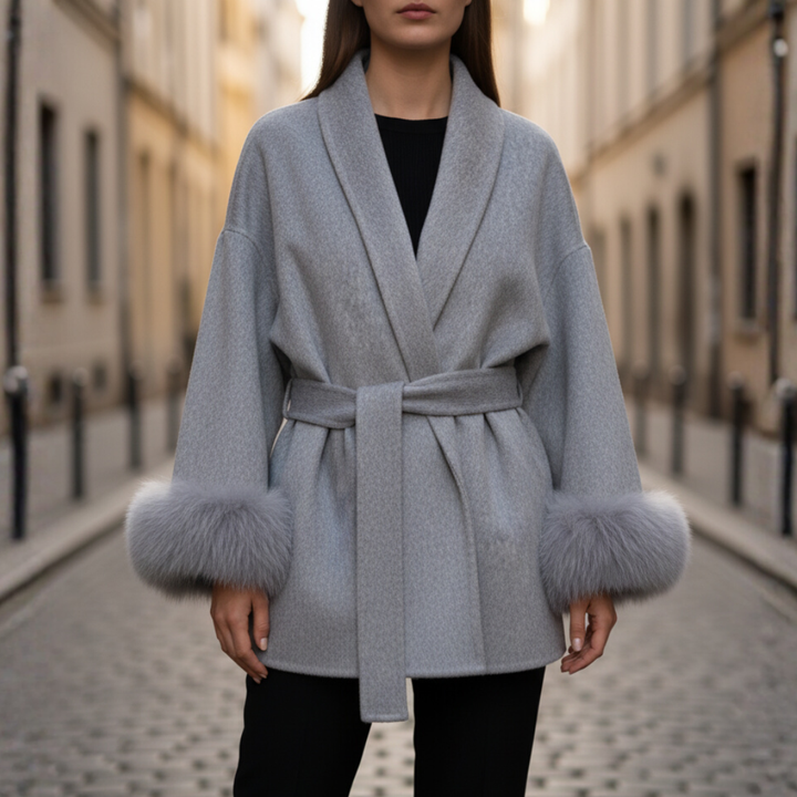A woman wearing a grey belted coat, showcasing autumn elegance and style.