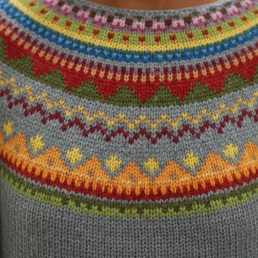 A woman in a colorful striped sweater with a boat neckline, fit for fall and winter.