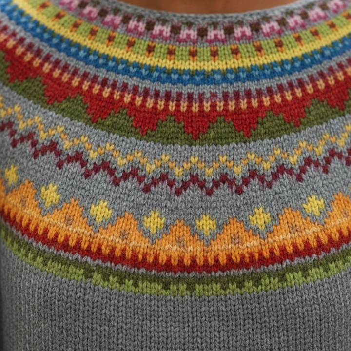 A woman in a colorful striped sweater with a boat neckline, fit for fall and winter.