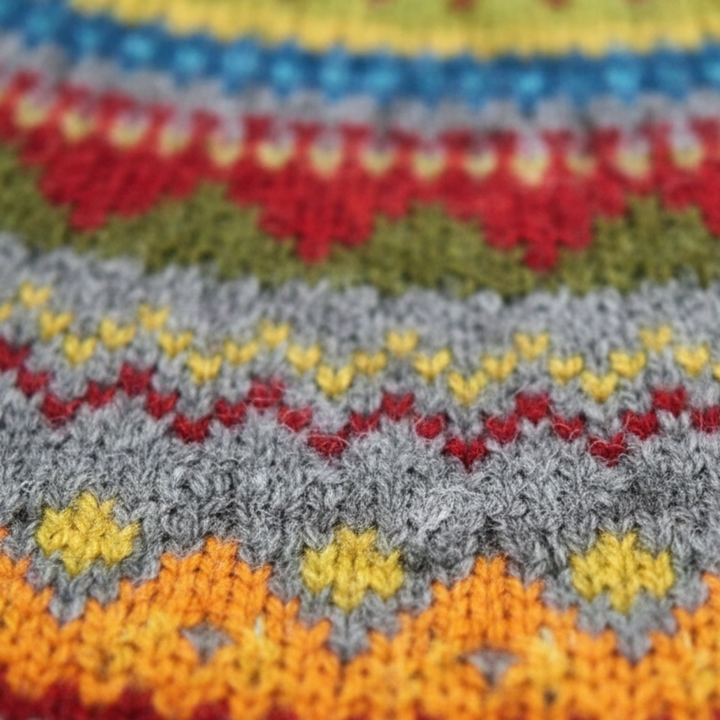 A woman in a colorful striped sweater with a boat neckline, fit for fall and winter.