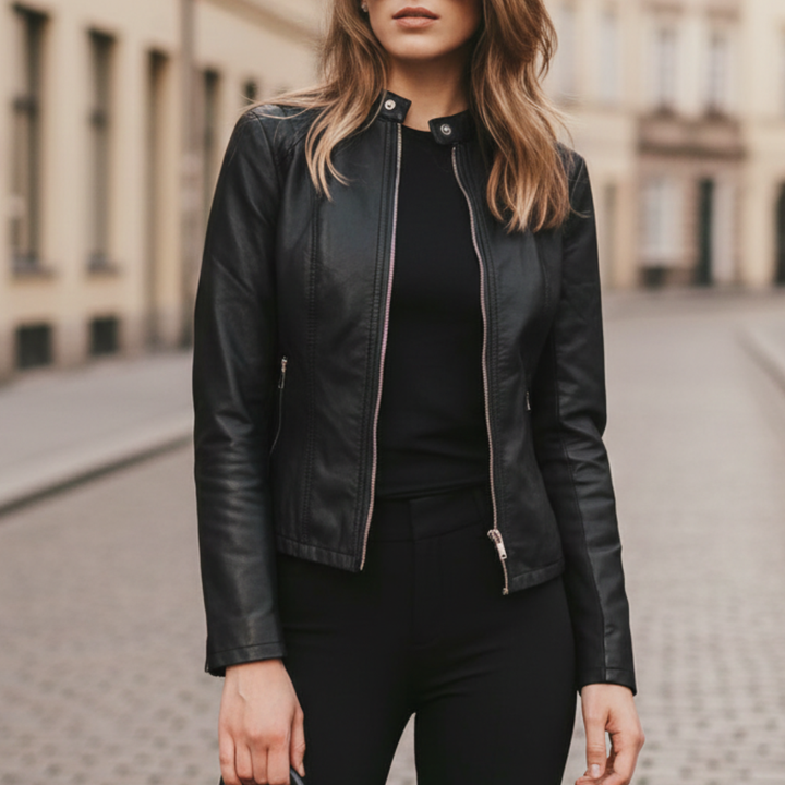 a black leather jacket, representing contemporary style for transitional seasons.