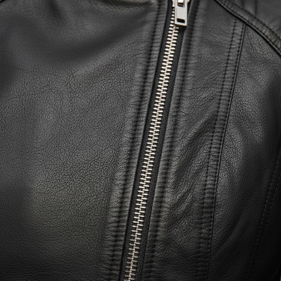 a black leather jacket, representing contemporary style for transitional seasons.