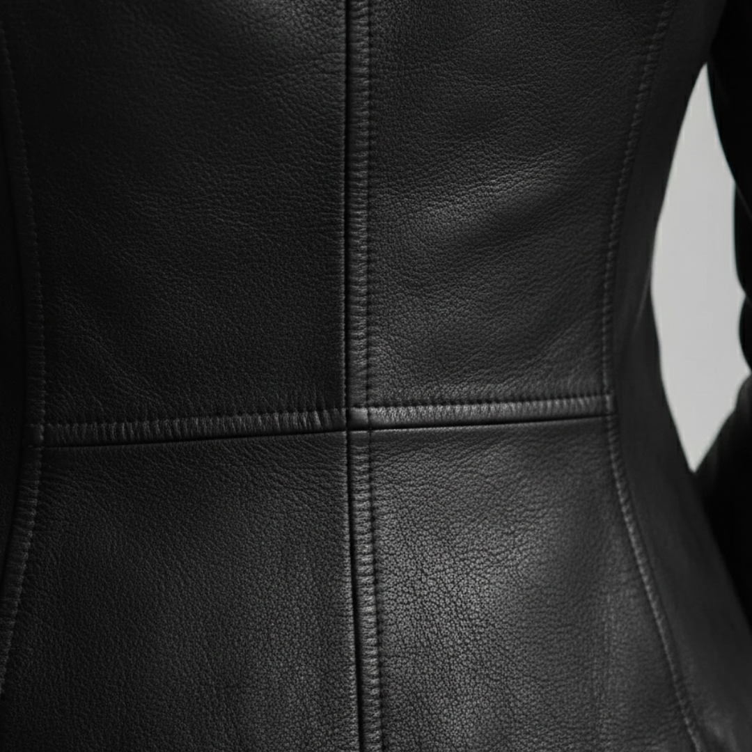 a black leather jacket, representing contemporary style for transitional seasons.