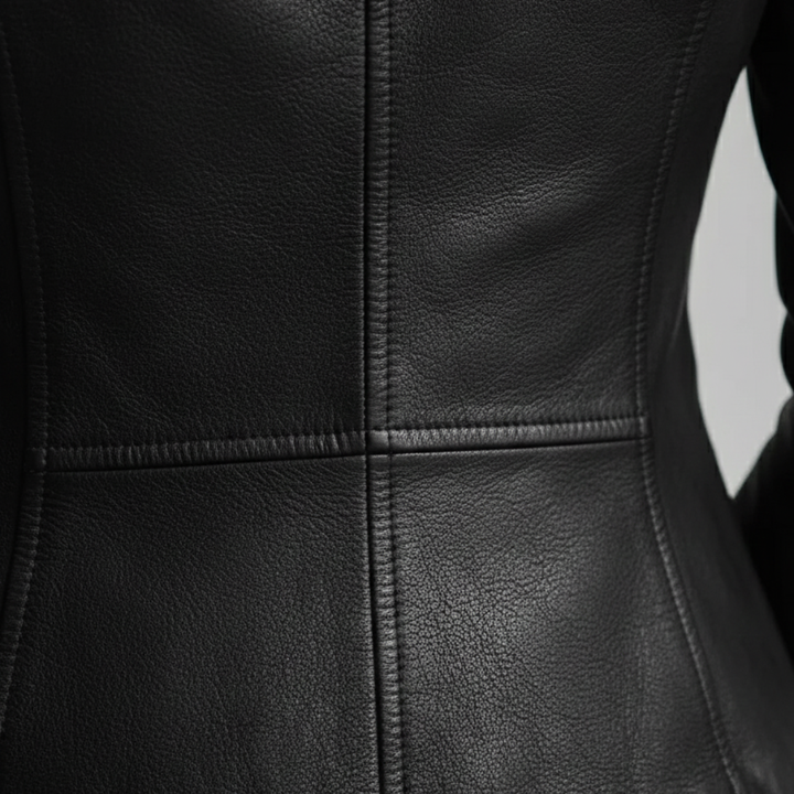 a black leather jacket, representing contemporary style for transitional seasons.