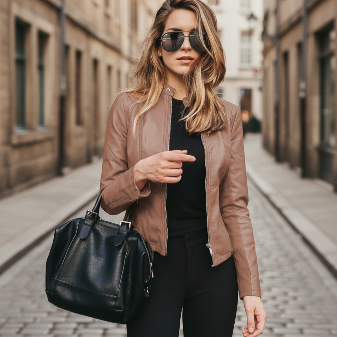 a black leather jacket, representing contemporary style for transitional seasons.