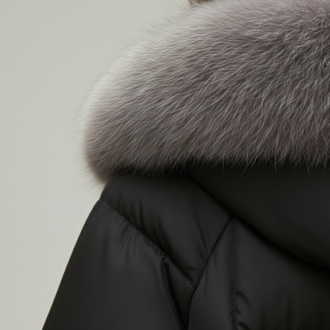 Close-up details of black puffy jacket with an oversized faux-fur collar, designed for warmth and elegance in fall and winter.