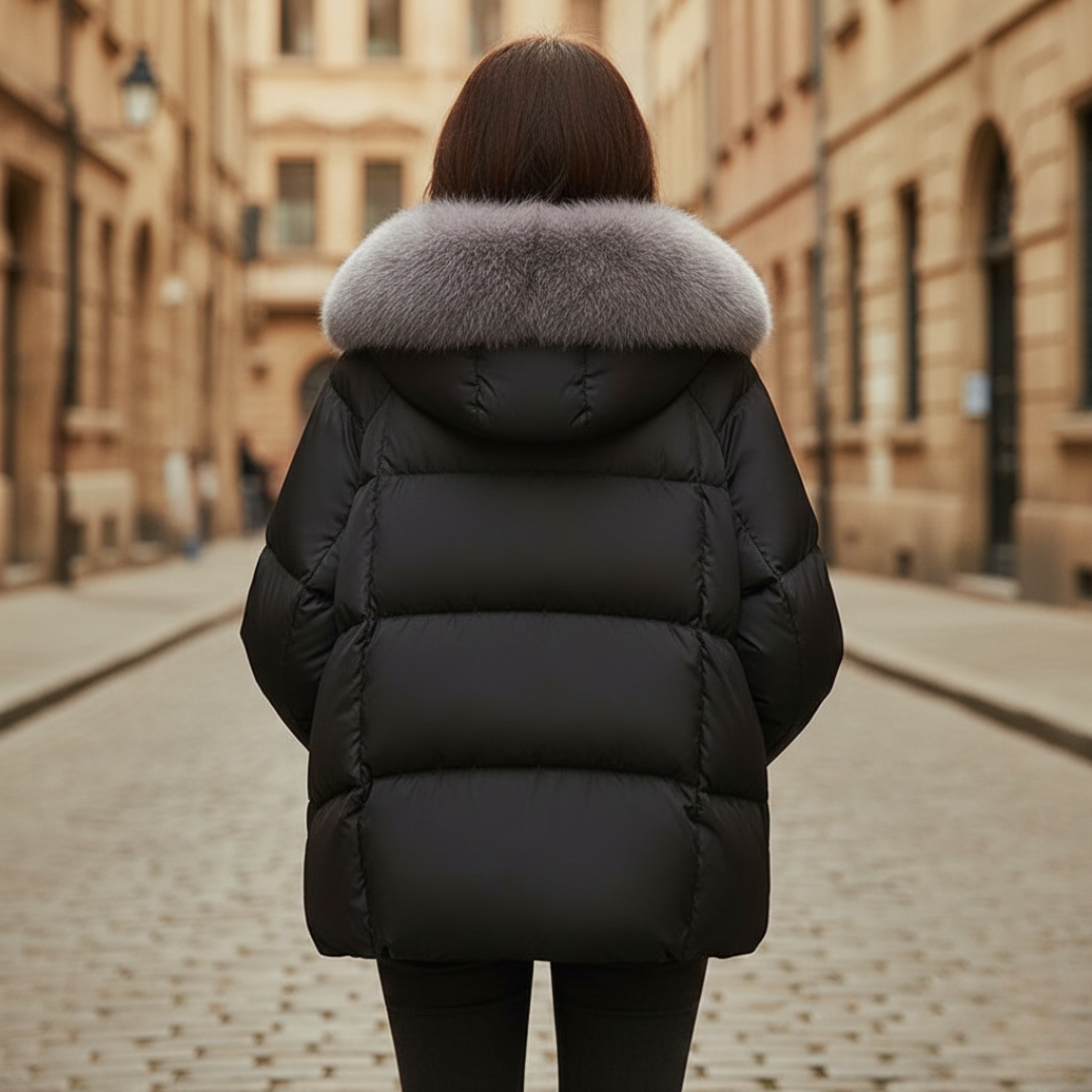 Back details of black puffy jacket with an oversized faux-fur collar, designed for warmth and elegance in fall and winter.