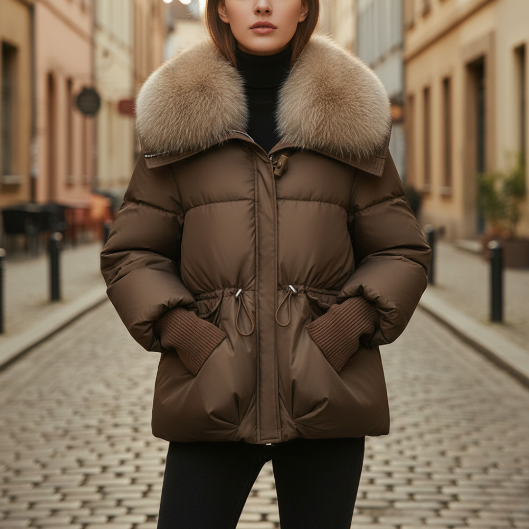 Brown puffy jacket with an oversized faux-fur collar, designed for warmth and elegance in fall and winter.