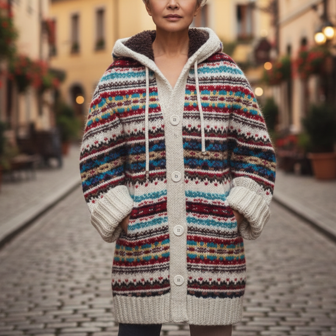 A woman in a colorful sweater and hooded knit coat, showcasing a good fit and woven pattern for fall style.