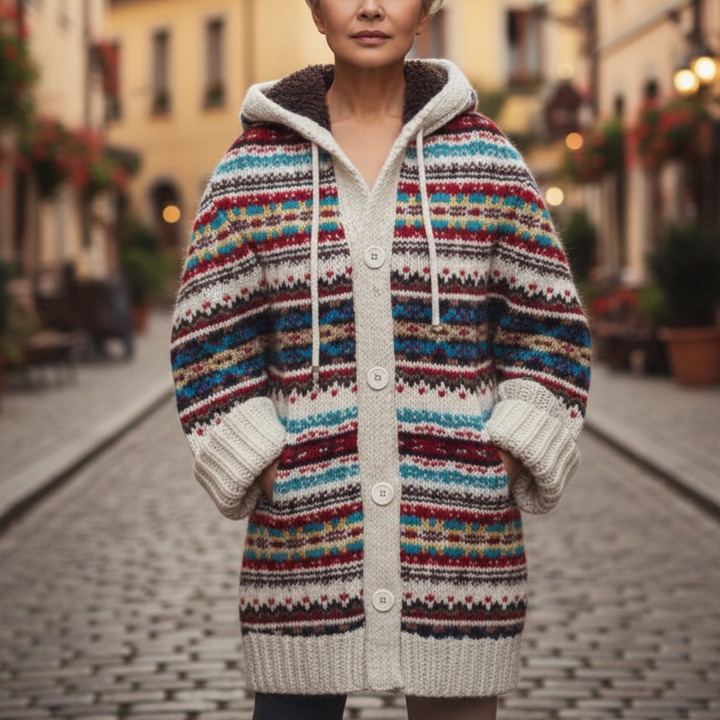 A woman in a colorful sweater and hooded knit coat, showcasing a good fit and woven pattern for fall style.