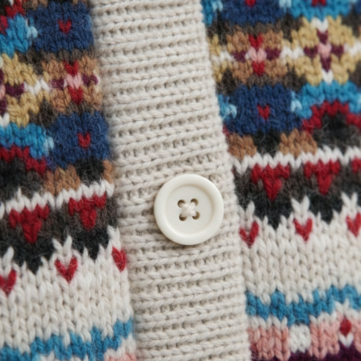 A woman in a colorful sweater and hooded knit coat, showcasing a good fit and woven pattern for fall style.