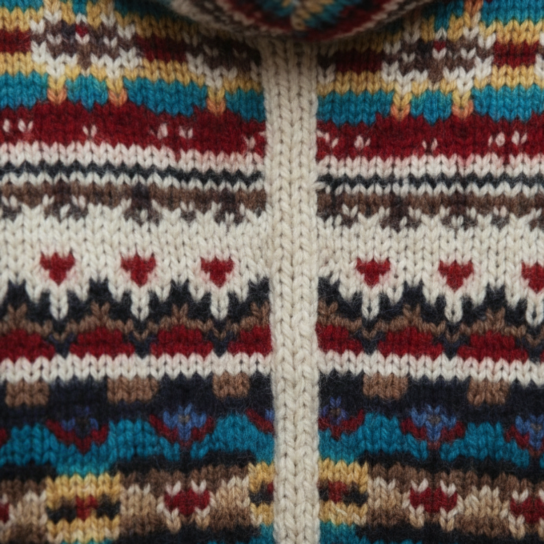 A woman in a colorful sweater and hooded knit coat, showcasing a good fit and woven pattern for fall style.