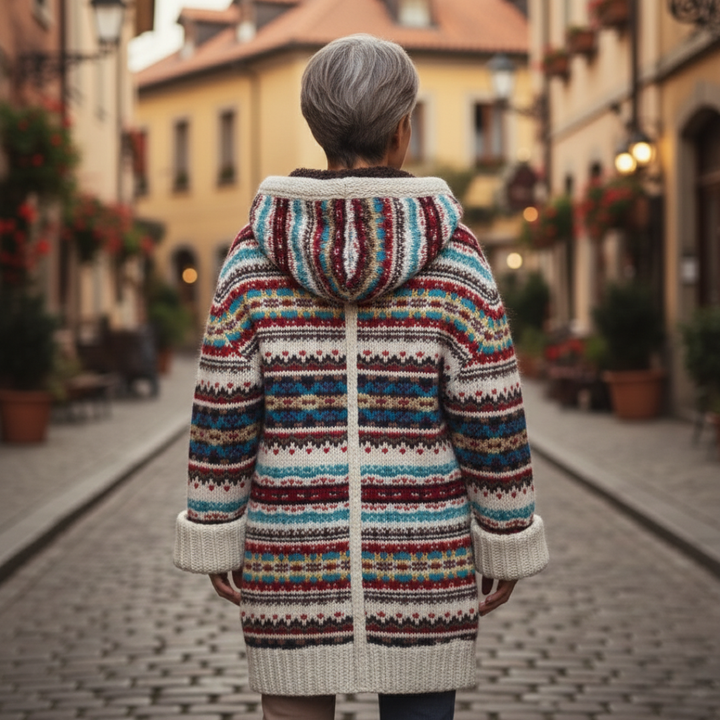 A woman in a colorful sweater and hooded knit coat, showcasing a good fit and woven pattern for fall style.