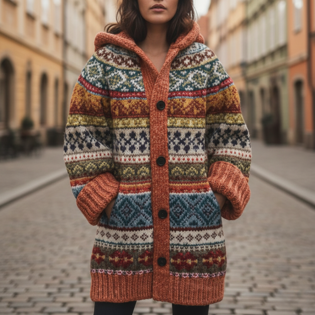 A woman in a colorful sweater and hooded knit coat, showcasing a good fit and woven pattern for fall style.