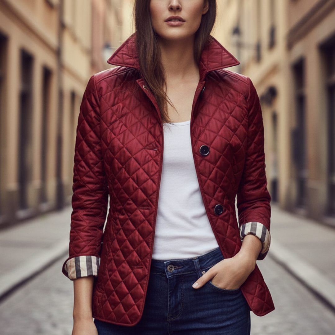 red quilted jacket featuring a check collar, ideal for transitional seasons.
