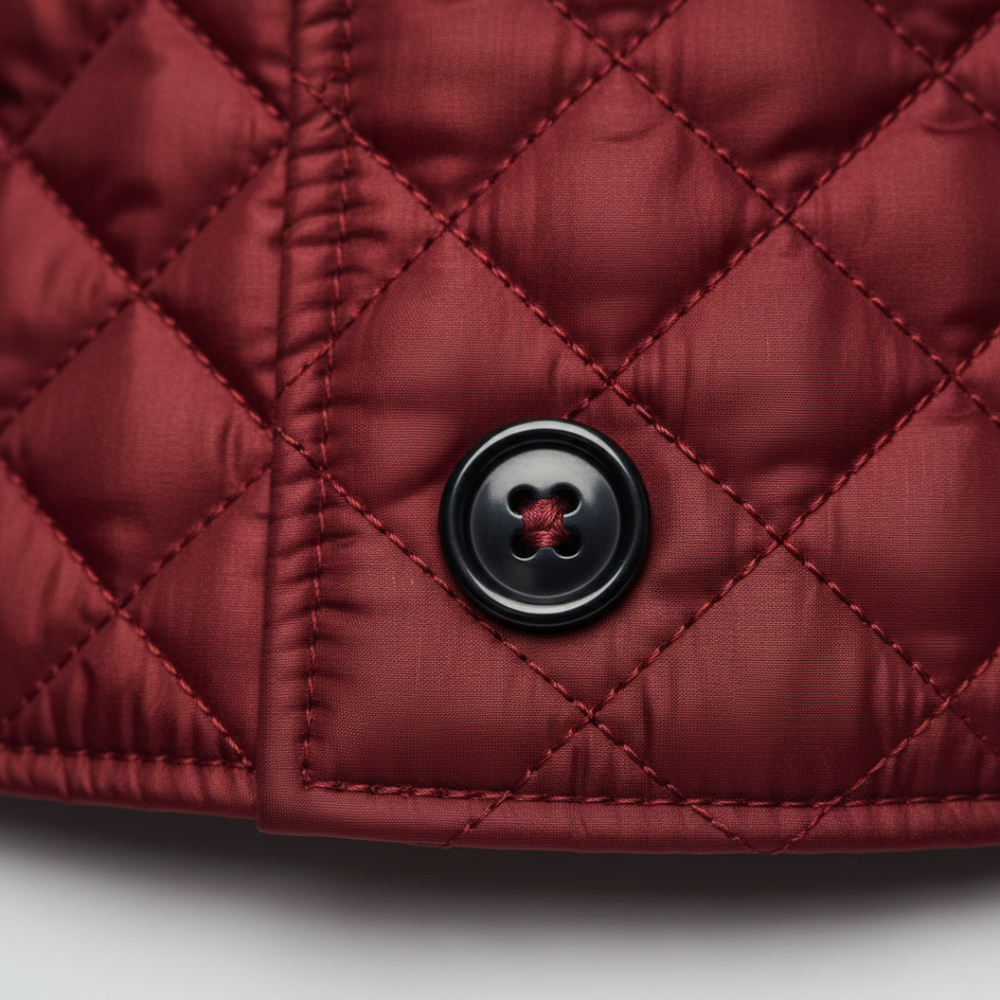 red quilted jacket featuring a check collar, ideal for transitional seasons.