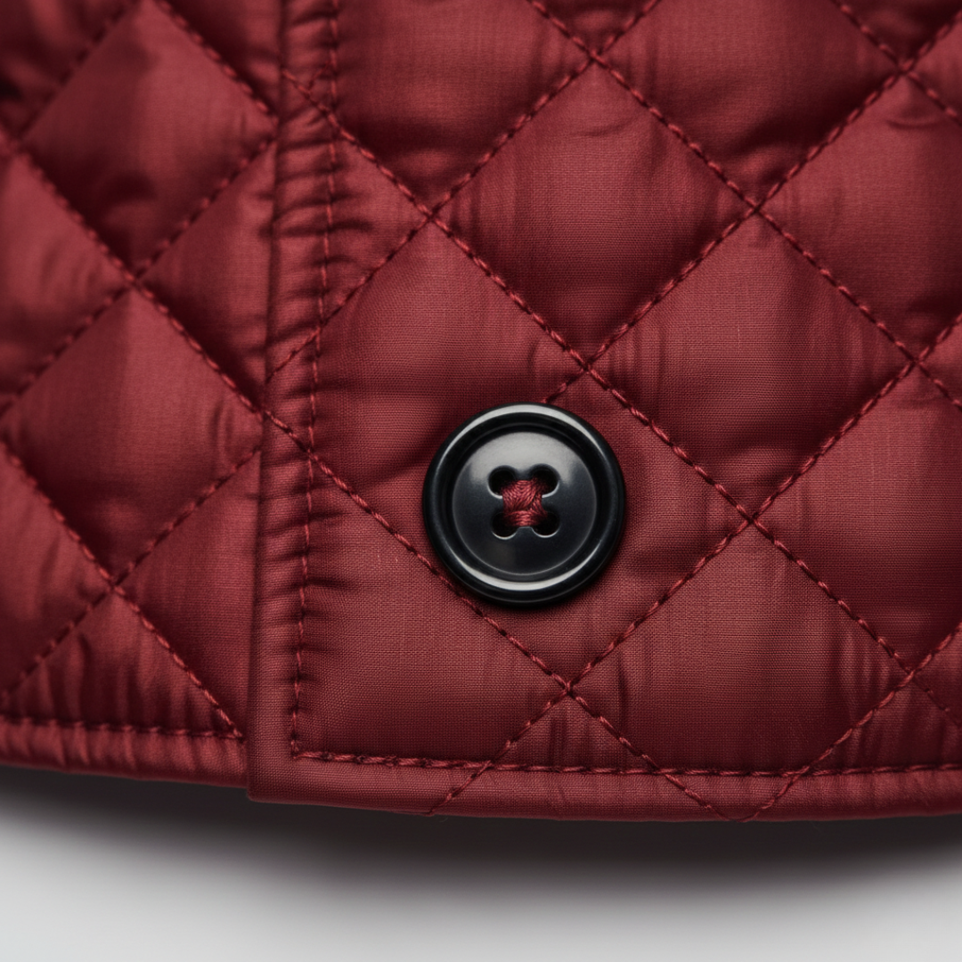 red quilted jacket featuring a check collar, ideal for transitional seasons.